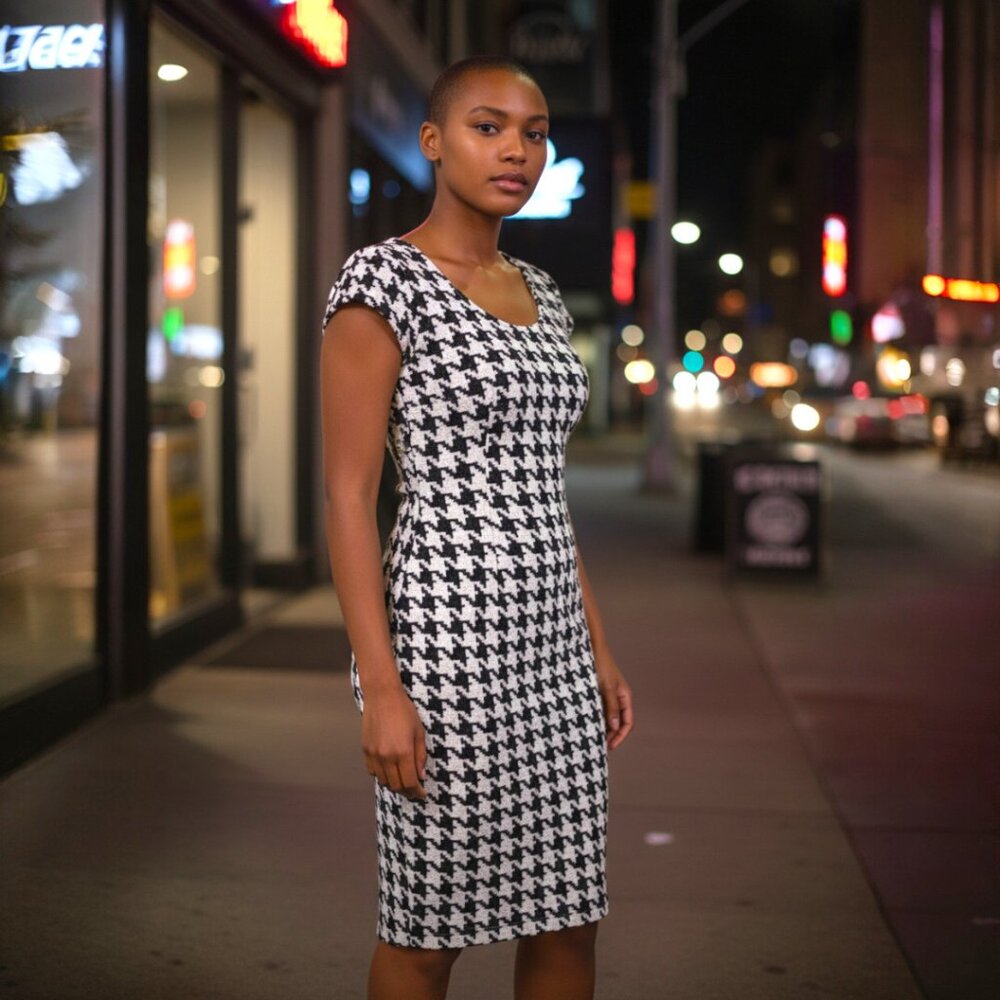 Stunning! eci New York Black & White Clear Sequins Houndstooth Print Dress Sz 6